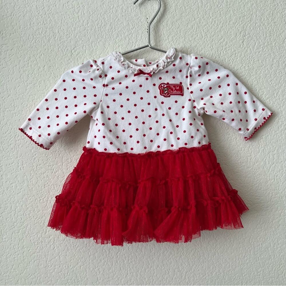 Little Me My First Christmas Long Sleeve Tutu Skirted Top red white dot ruffle
